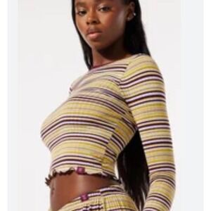 Savage X Fenty Ribbed Long Sleeve Crop Top Yellow Purple Striped Large L